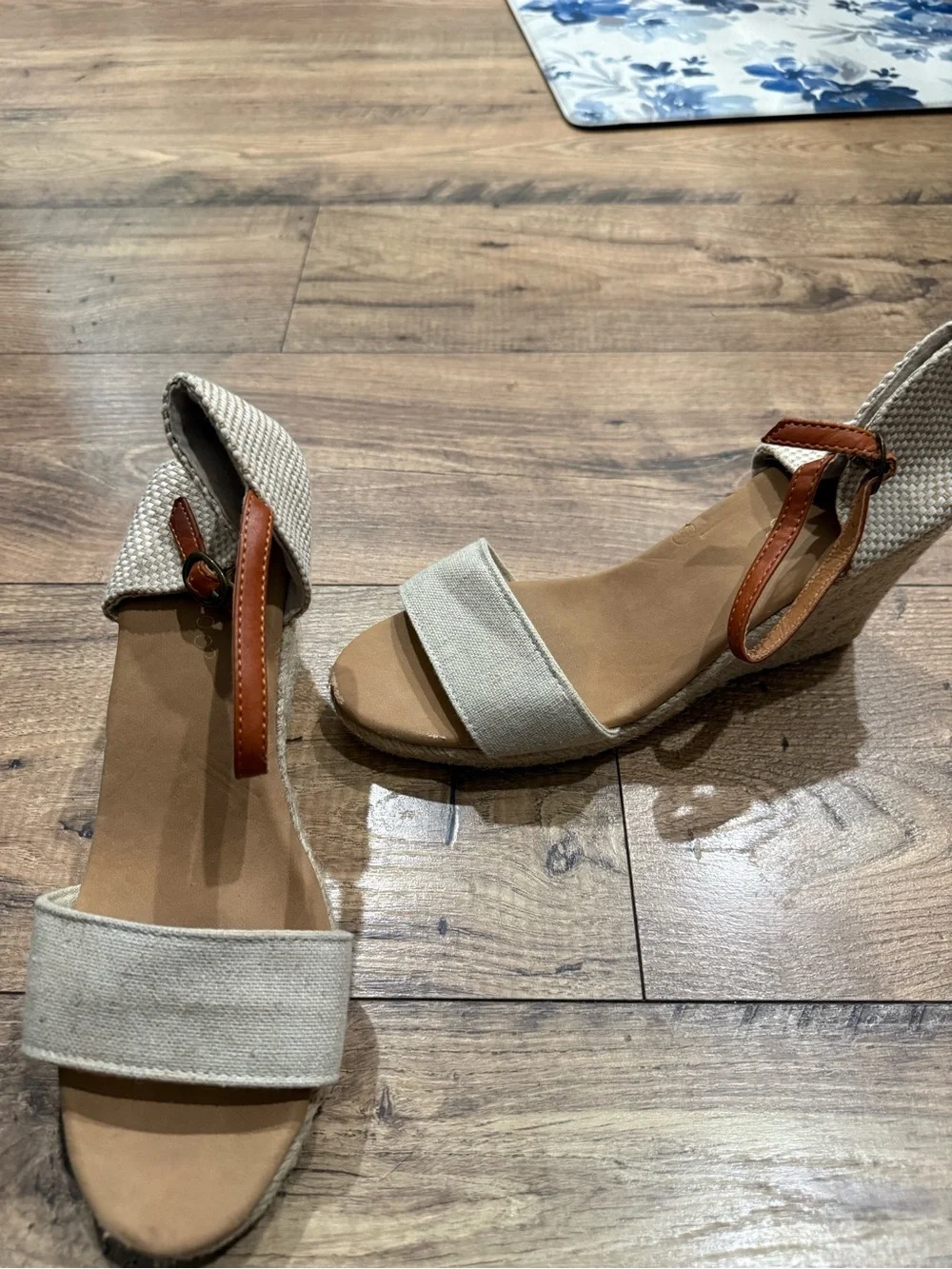 BAMBOO Beige Canvas Espadrille Wedge Sandals with Brown Ankle Strap